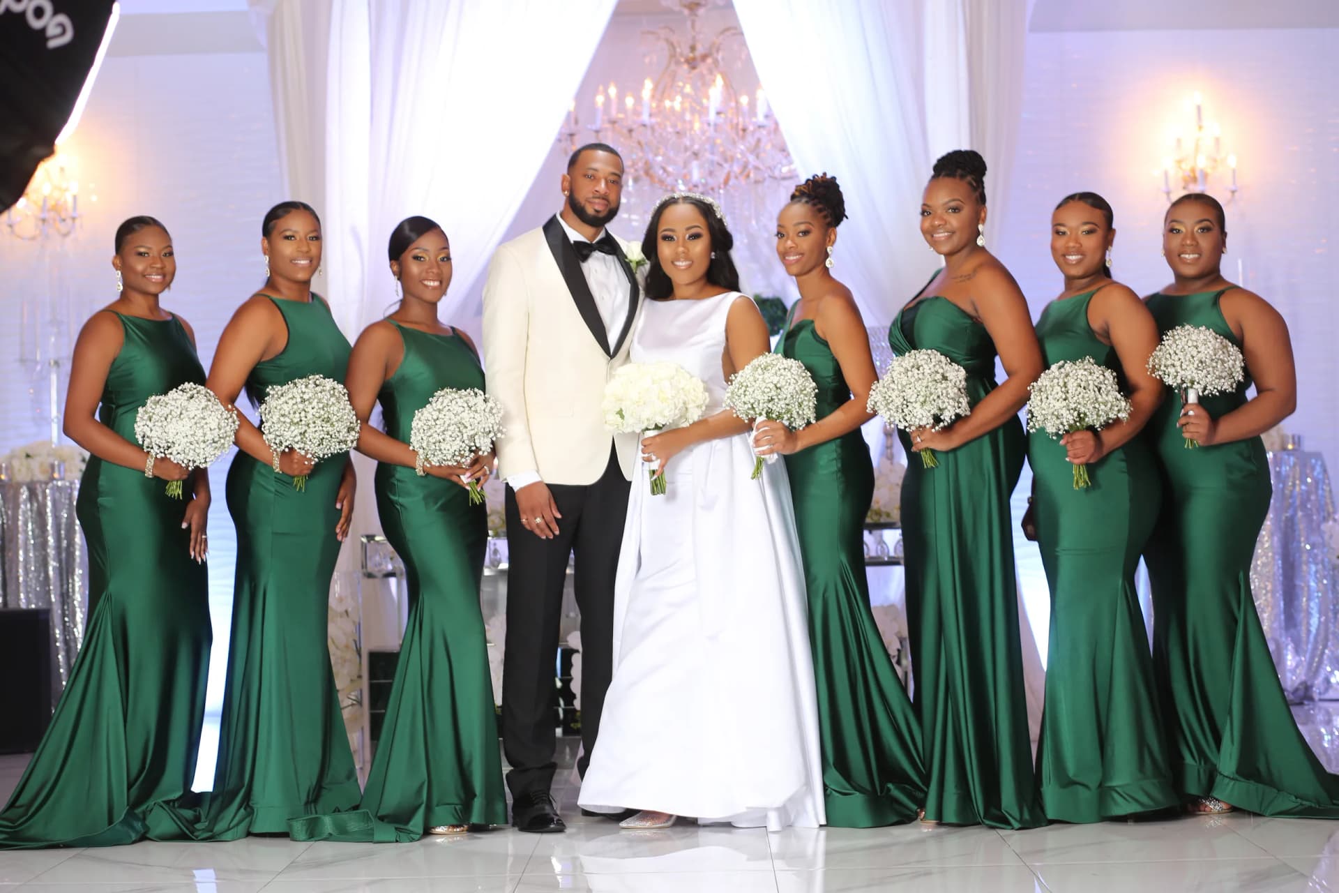 Wedding party in emerald gowns